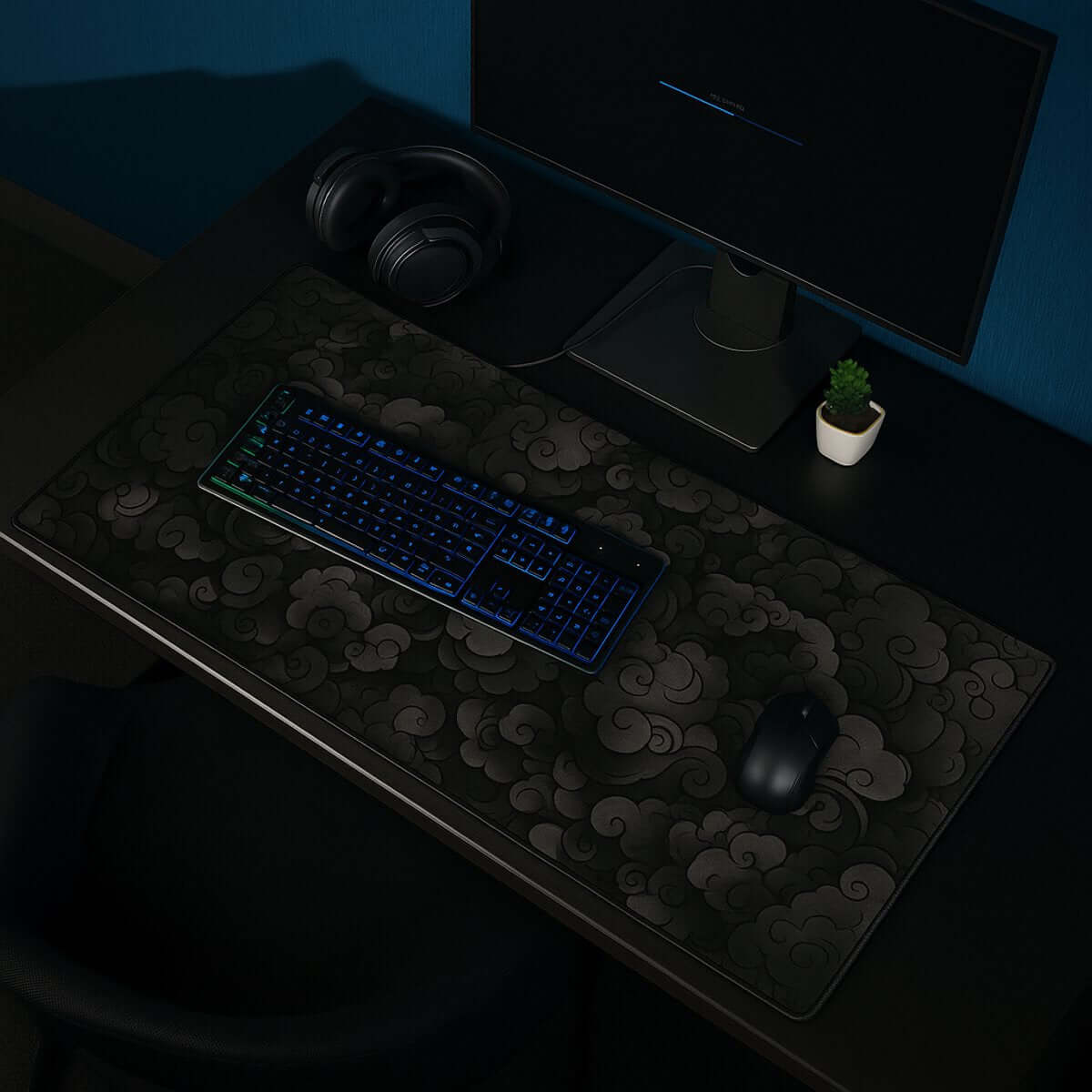 Cloud Obsidian muismat met elegant zwart wolkenpatroon – XXL formaat voor werk en gaming
