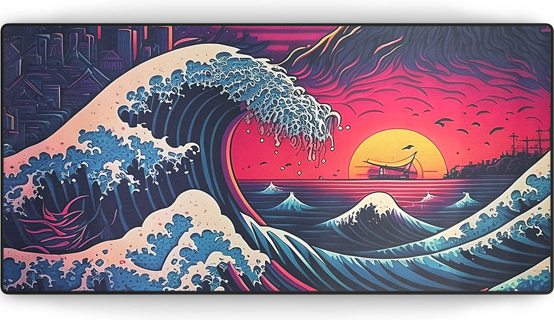 Kanagawa Wave Neon Horizon Muismat xxl - Gaming - 900 x 400 x 3 mm - Antislip