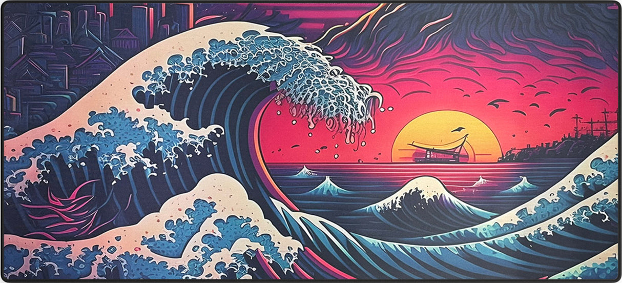 Kanagawa Wave Neon Horizon Muismat xxl - Gaming - 900 x 400 x 3 mm - Antislip