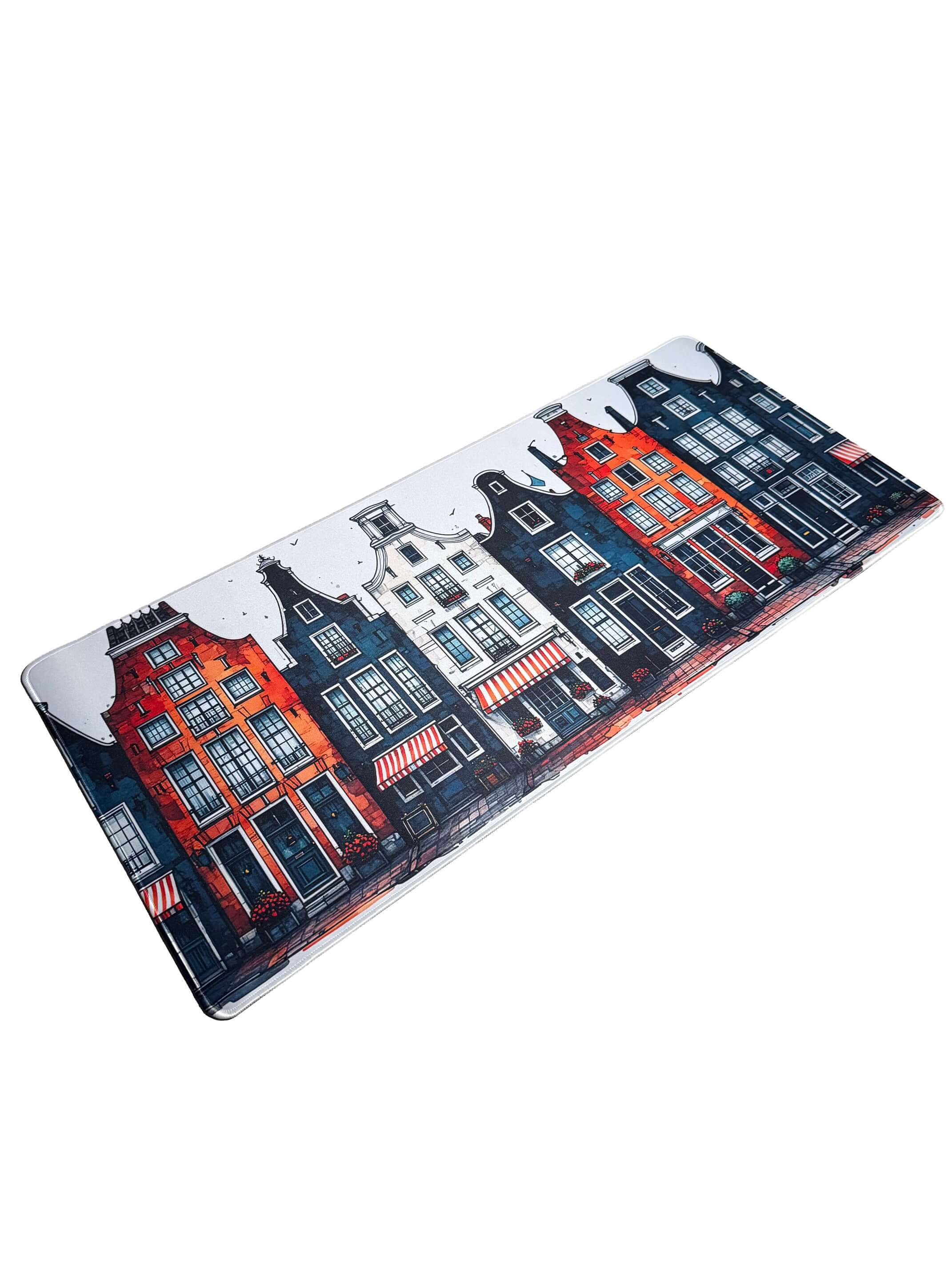 Muismat met vintage illustratie van Amsterdamse grachtenhuizen in warme tinten