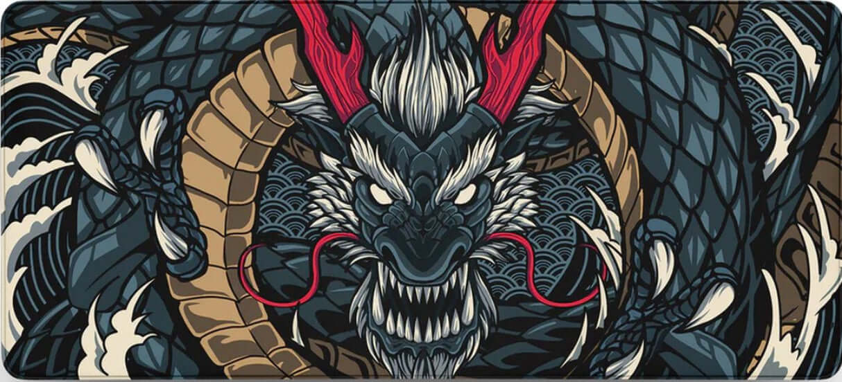 Muismat met donkerblauwe draak en rode hoorns – Eclipse Dragon design