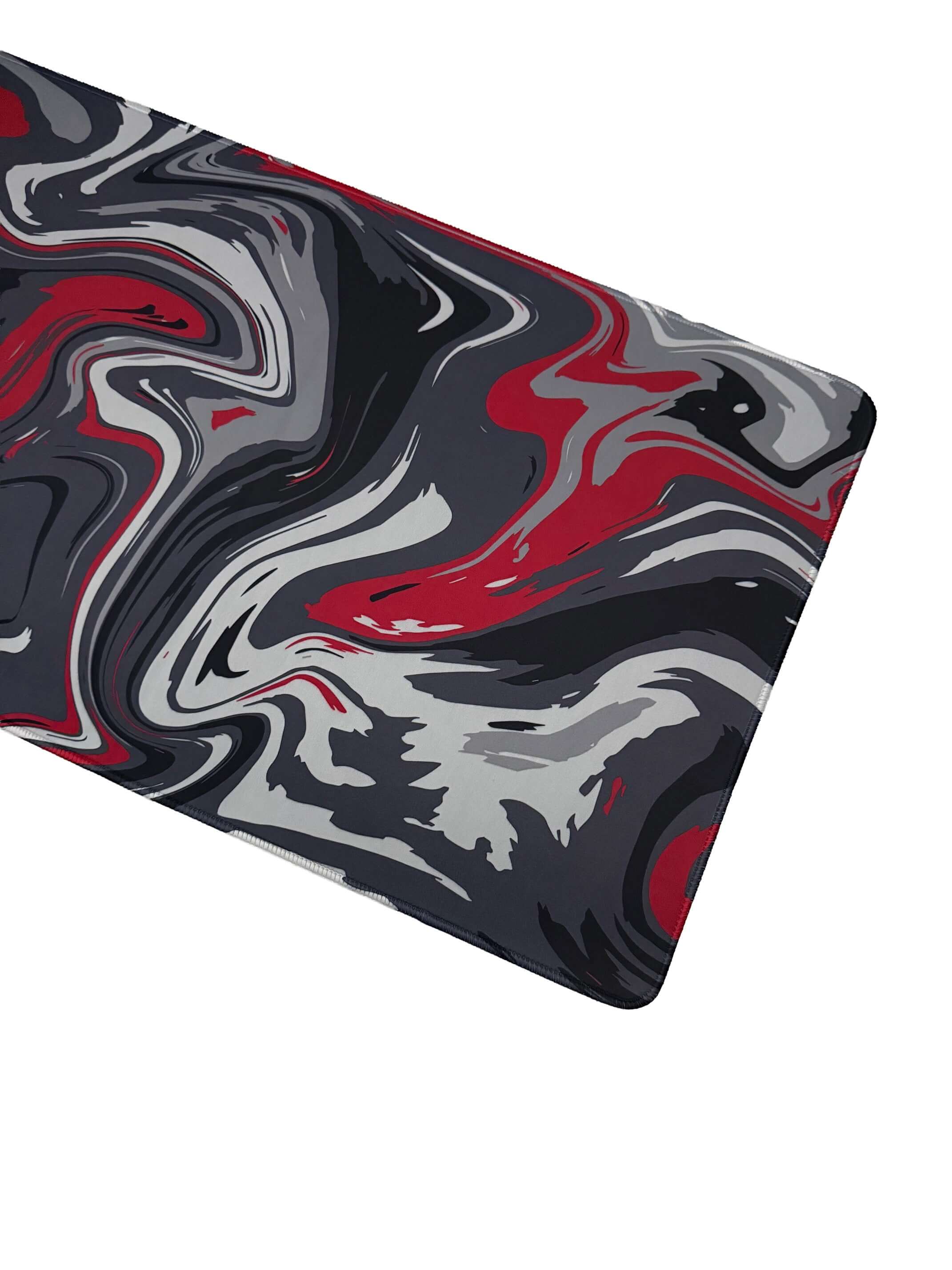 Muismat met abstract gemarmerd patroon in rood en grijs – elegant en functioneel